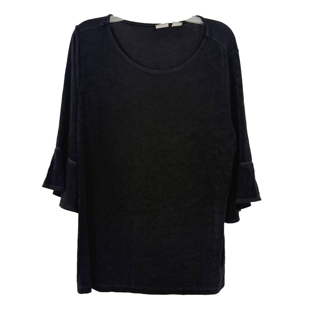 CHICO'S Travelers Slinky Bell Sleeve Top 3 XL Black Round Neck Comfort EUC B29